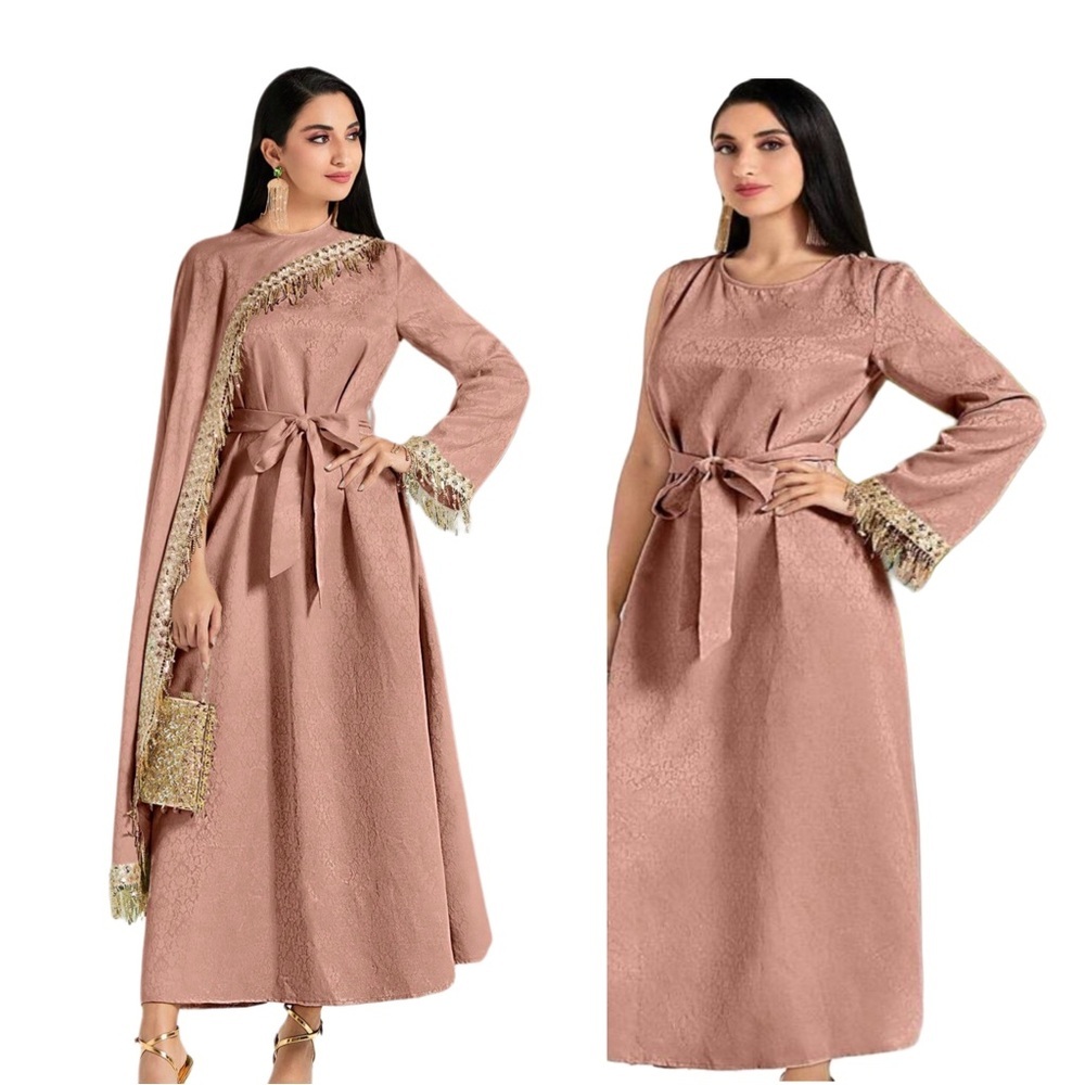2-in-1 Contrast Sequin Convertible Belted Dress With Attached Cape.
